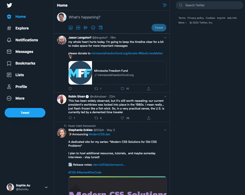 Twitter homepage with icon-only link to homepage in the corner